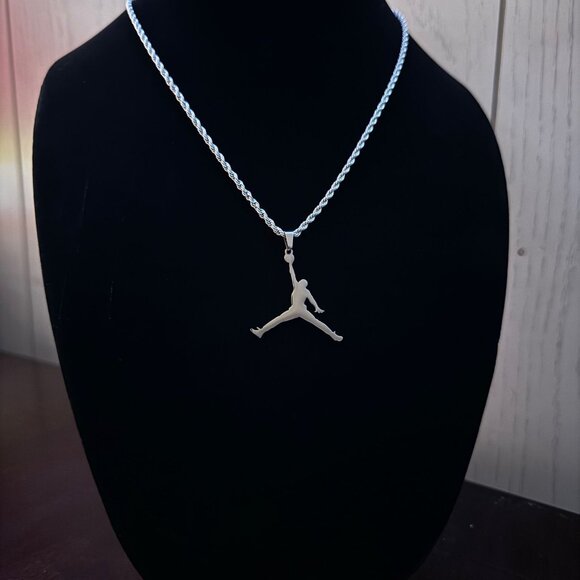 Jordan Jumpman Pendant Necklace - MJ - Silver Plated - 20" 3mm Rope Chain - Picture 2 of 2